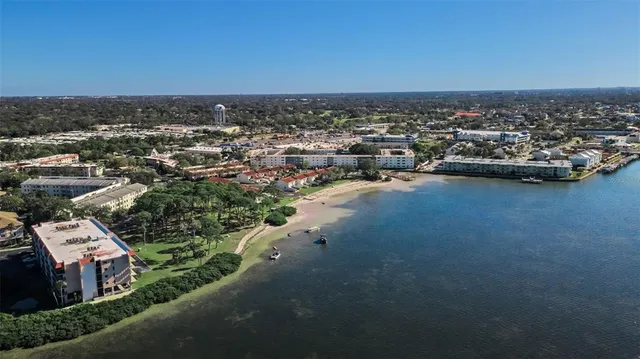 an aerial view of residential houses with outdoor space and trees