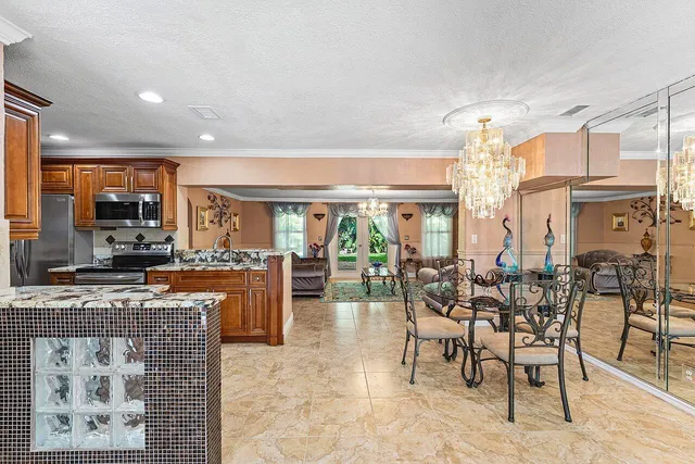 a view of a dining hall with many windows