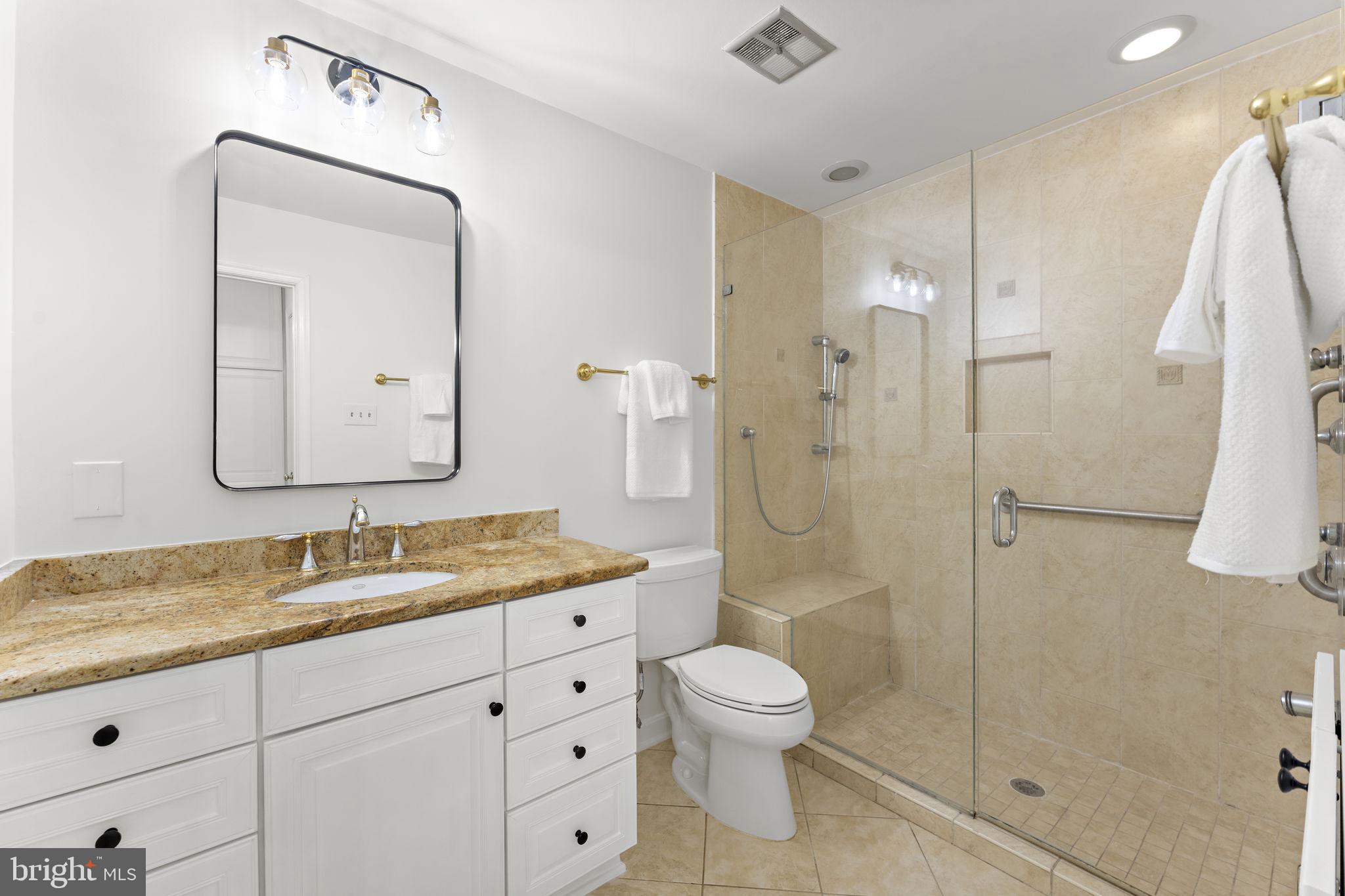 12574 Quincy Adams Court Herndon, VA 20171 - Photo 29 of 67 a bathroom with a granite countertop sink a mirror and a shower