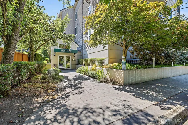 a view of a house with a small yard and large tree