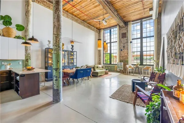 a living room filled with furniture windows and a potted plant