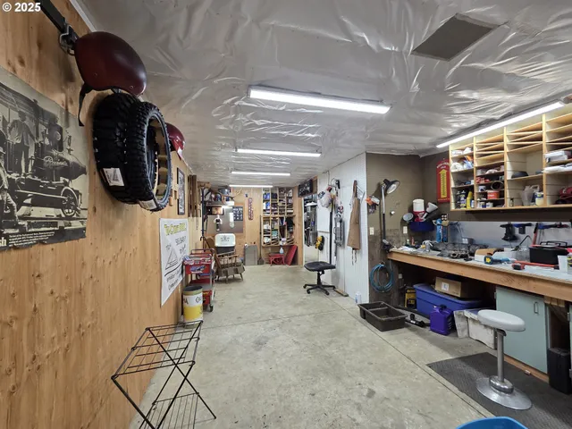 a view of a storage room with furniture