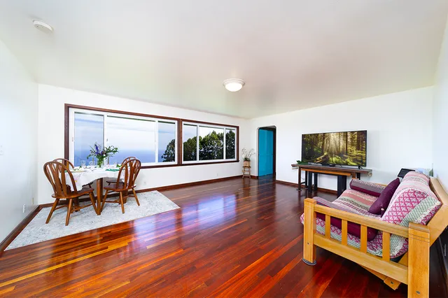 a dining room with furniture potted plants and wooden floor
