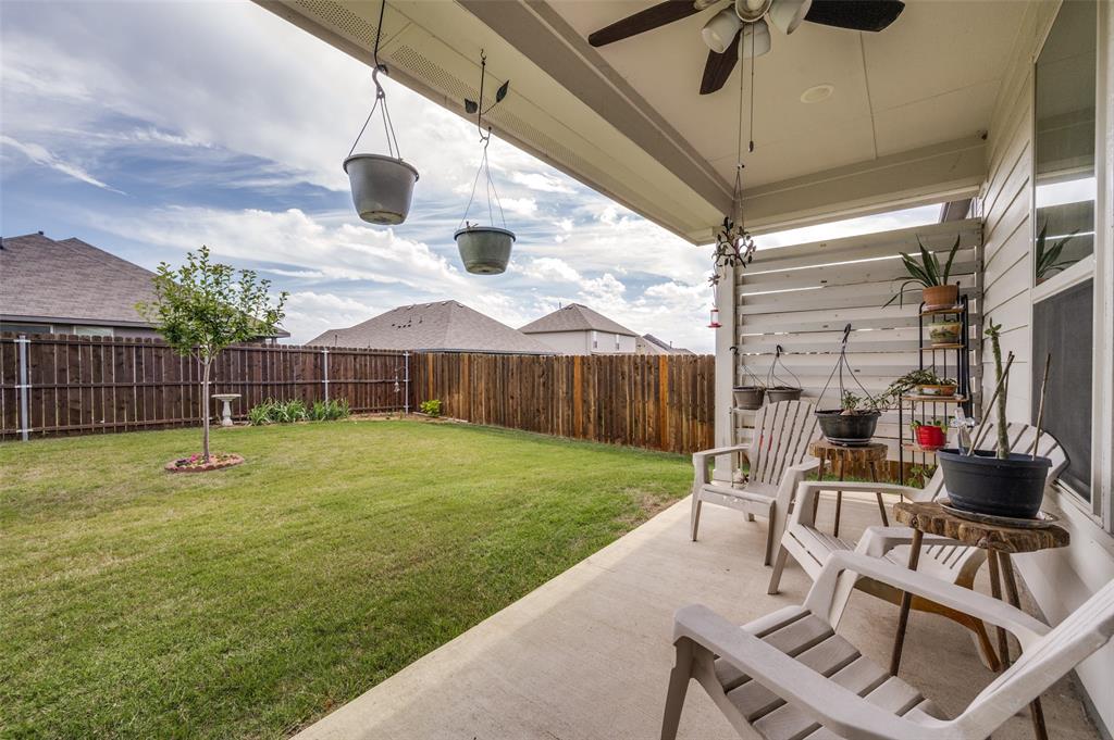 413 Wiggins Way Van Alstyne, TX 75495 - Photo 23 of 25 Expansive backyard featuring a covered patio with a ceiling fan, concrete slab flooring, a privacy fence, and a manicured lawn