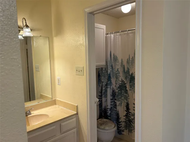 a bathroom with a granite countertop sink a toilet and shower