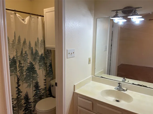 a bathroom with a sink vanity mirror and toilet