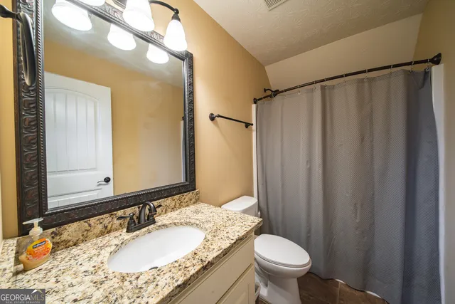 a bathroom with a granite countertop sink toilet and a mirror