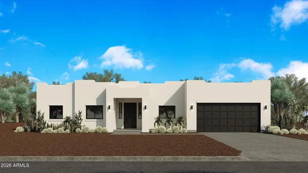 a view of a white house with a fireplace in front of it