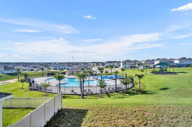 a view of a city with lawn chairs and a large tree
