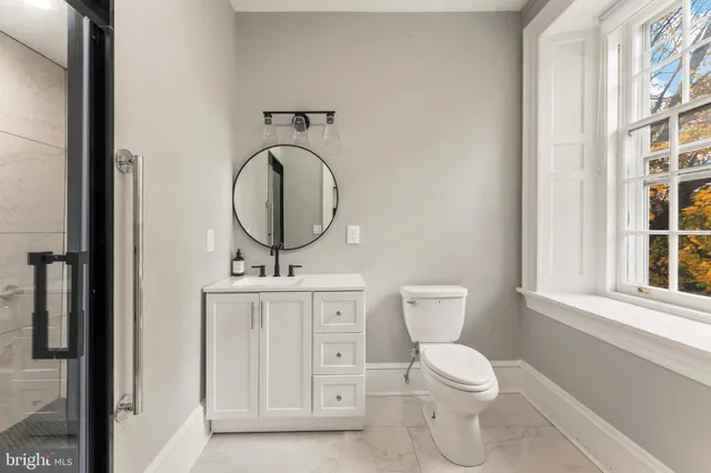 a bathroom with a toilet a sink a mirror and vanity