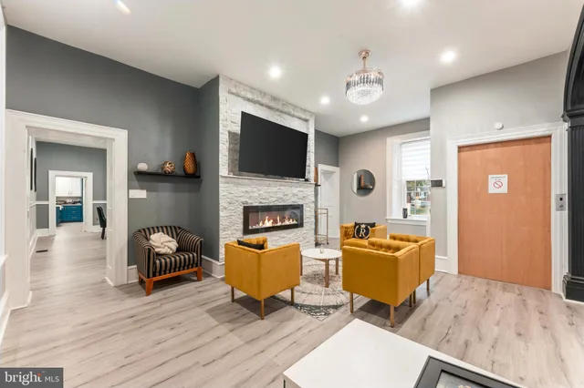 a living room with furniture a fireplace and a flat screen tv