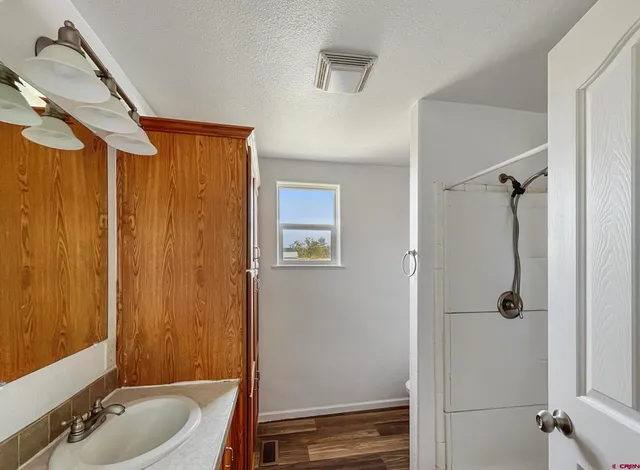 a bathroom with a sink a toilet and shower