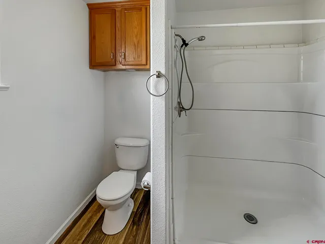 a bathroom with a toilet and a shower