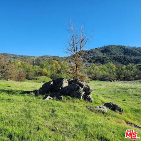 a view of a lush green outdoor space with a swimming pool and valleys in the background