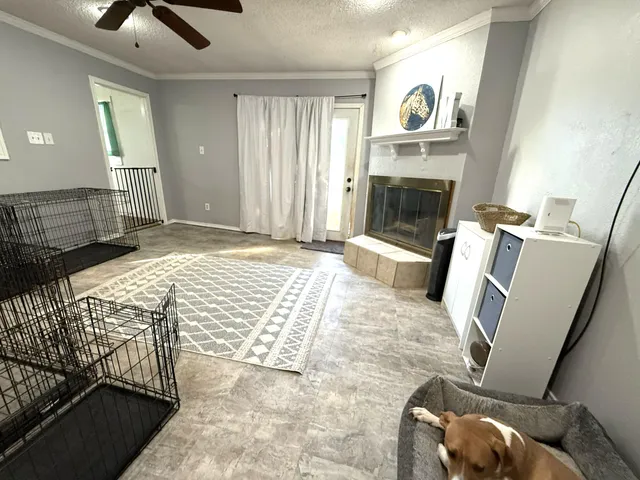 a view of a livingroom with furniture and a fireplace