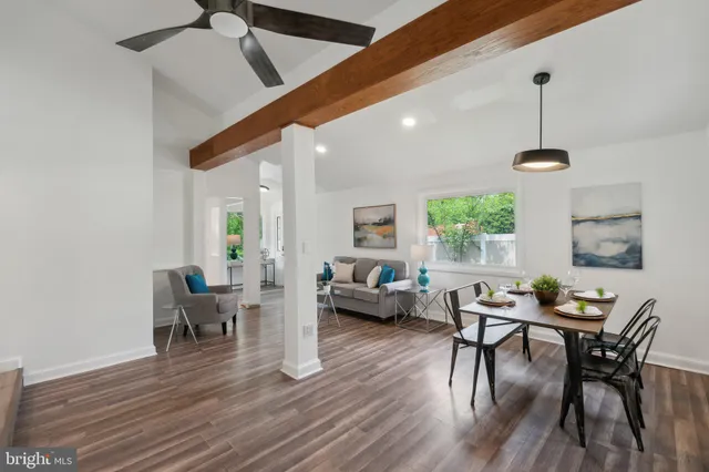 a living room with furniture dining table and a wooden floor