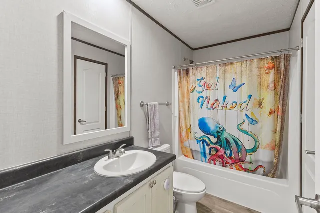 a bathroom with a granite countertop sink a toilet and a shower curtain