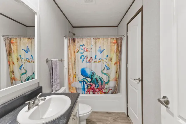 a bathroom with a sink toilet and shower curtain