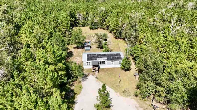 an aerial view of a house with a yard and trees
