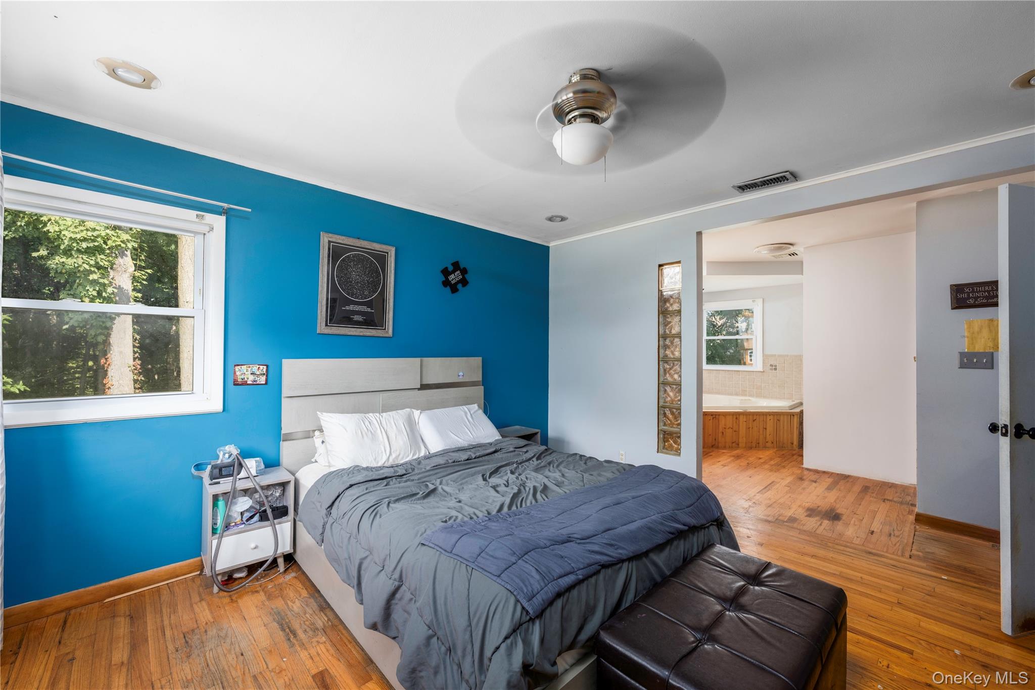 1 Essex Road Poughkeepsie, NY 12601 - Photo 9 of 21 Bedroom with hardwood / wood-style floors, ceiling fan, and ensuite bath