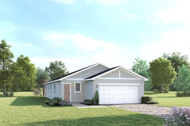 a view of a backyard with barn plants and large trees