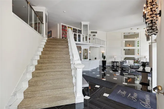 a view of a dining room with furniture
