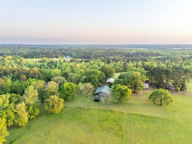 an aerial view of a houses with a lush green forest