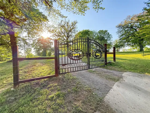 a view of a yard with large trees