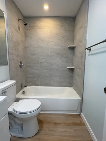 a bathroom with a toilet and a bath tub