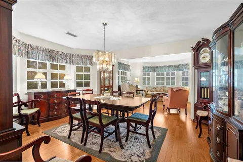 a view of a dining room with furniture window and outside view
