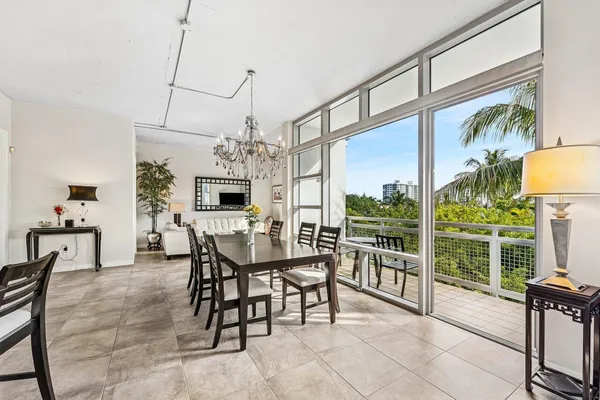 a view of a dining room with furniture window and outside view