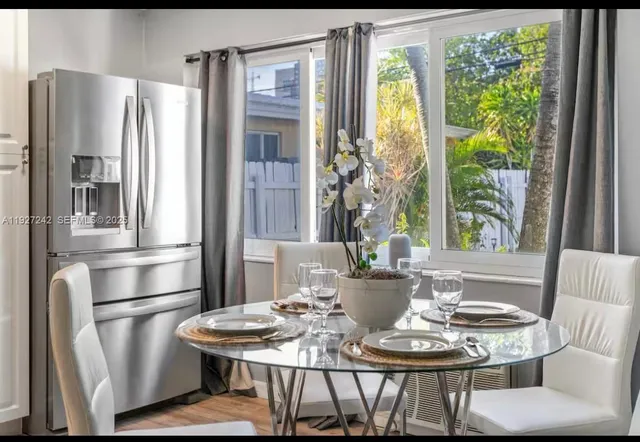 a view of a dining room with furniture window and wooden floor