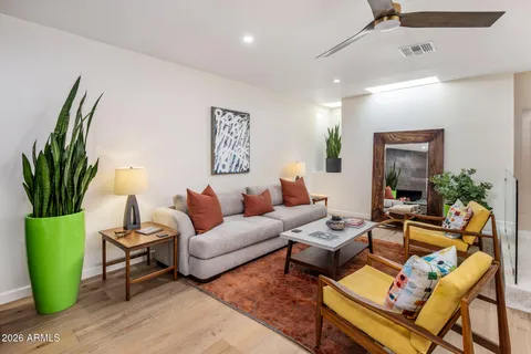 a living room with furniture and a potted plant