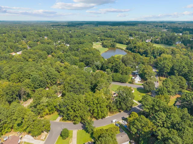 an aerial view of residential houses with outdoor space and trees
