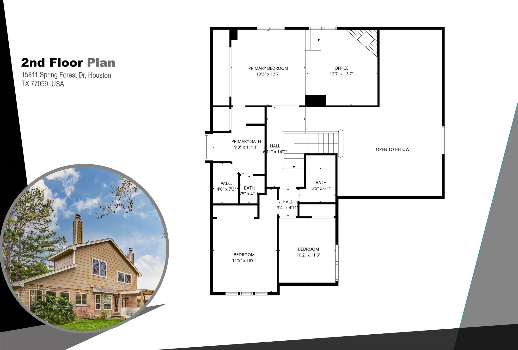 15811 Spring Forest Drive Houston, TX 77059 - Photo 27 of 27 This image showcases the second floor plan of a home located at 15811 Spring Forest Dr, Houston, TX, featuring a primary bedroom, an office, a bathroom, and two additional bedrooms. There's an open area to below, adding to the spacious feel. Included is an exterior view of a two-story house with a chimney, surrounded by trees.