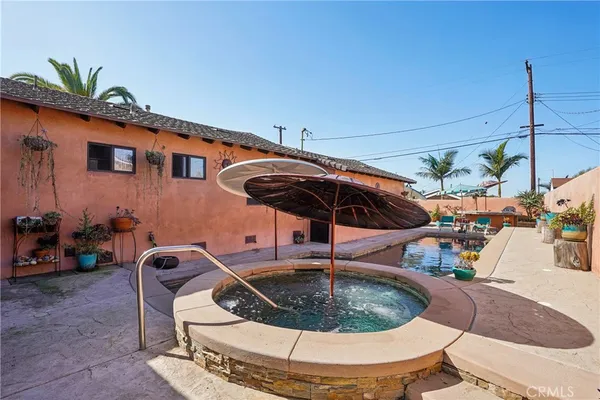 an outdoor space with furniture