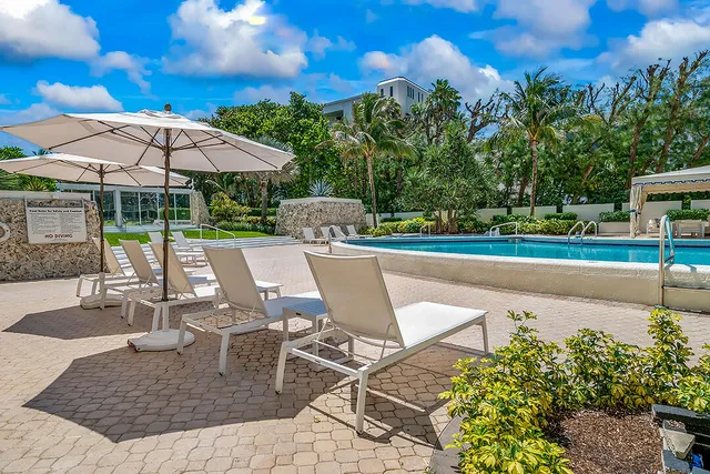 a view of a swimming pool with a garden