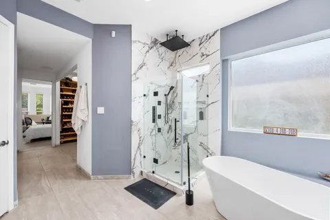 a bathroom with a bathtub and a shower