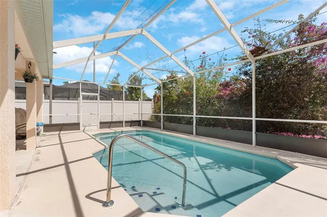 a view of a swimming pool with a couches and table