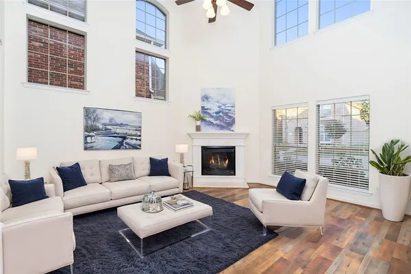 a living room with furniture a fireplace and a potted plant