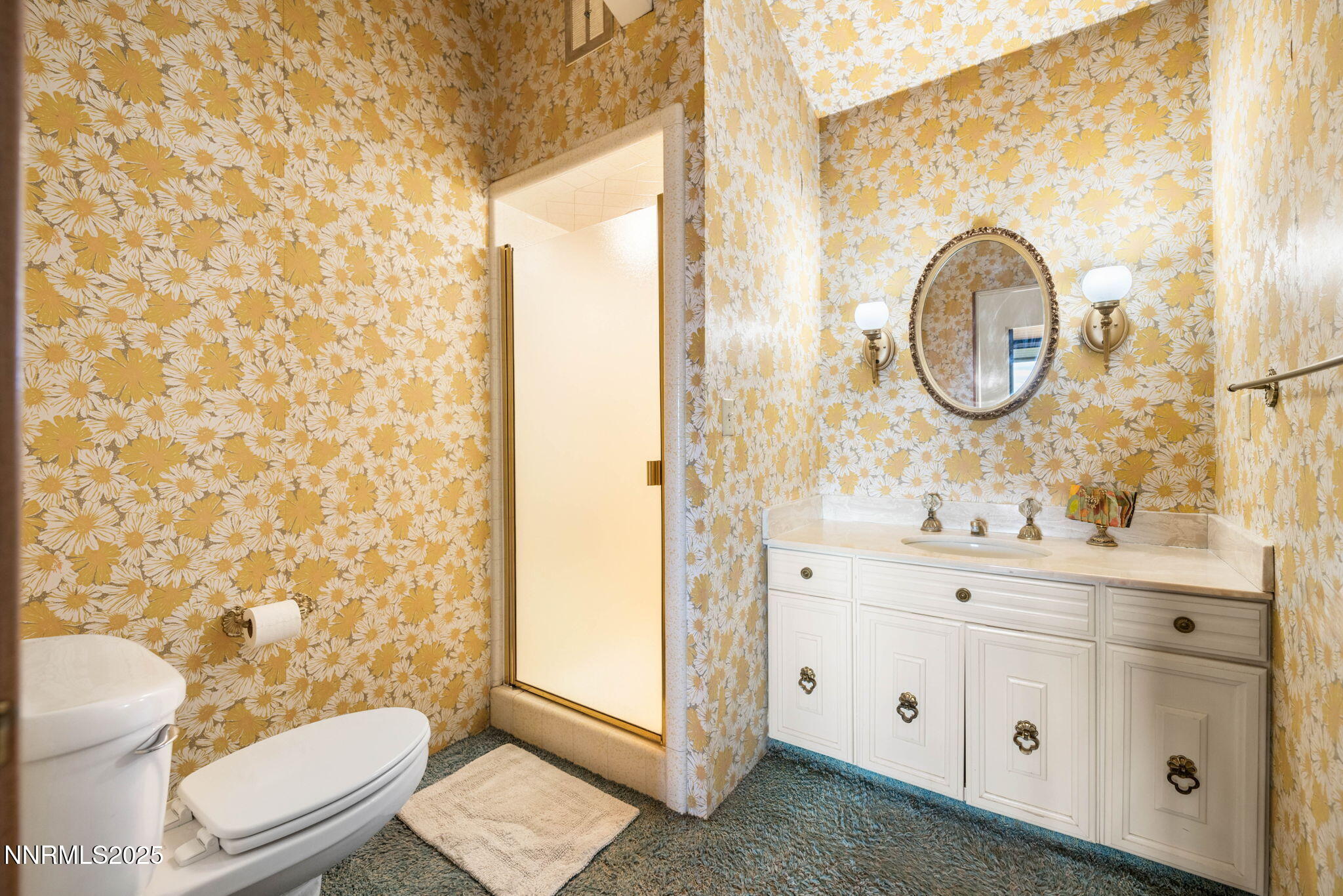 77 Ophir Mill Road Dayton, NV 89403 - Photo 19 of 44 a bathroom with a toilet a sink a mirror a shower and vanity
