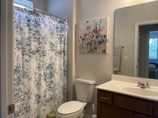 a bathroom with a sink a toilet and shower curtain