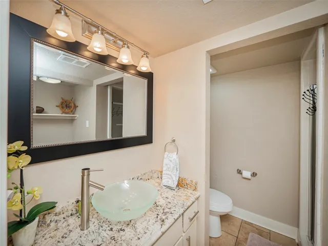 a bathroom with a granite countertop sink a toilet and a mirror