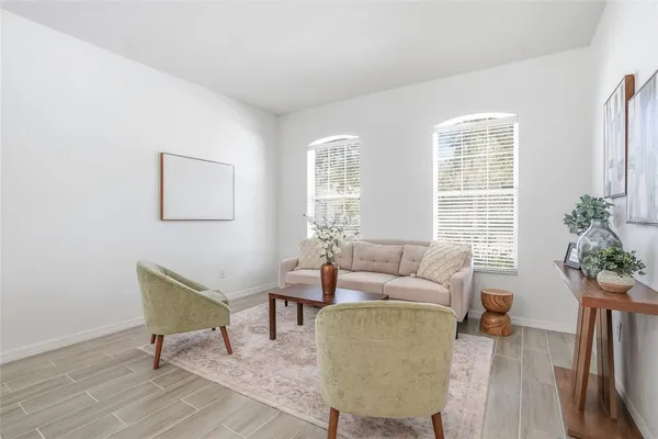 a living room with furniture and a potted plant