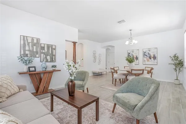 a living room with furniture and a potted plant