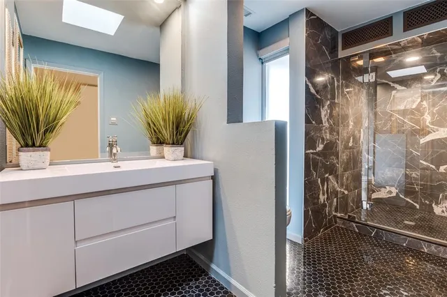 a bathroom with a sink a mirror and a shower