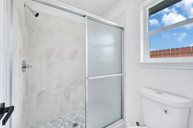 a bathroom with a shower and a toilet