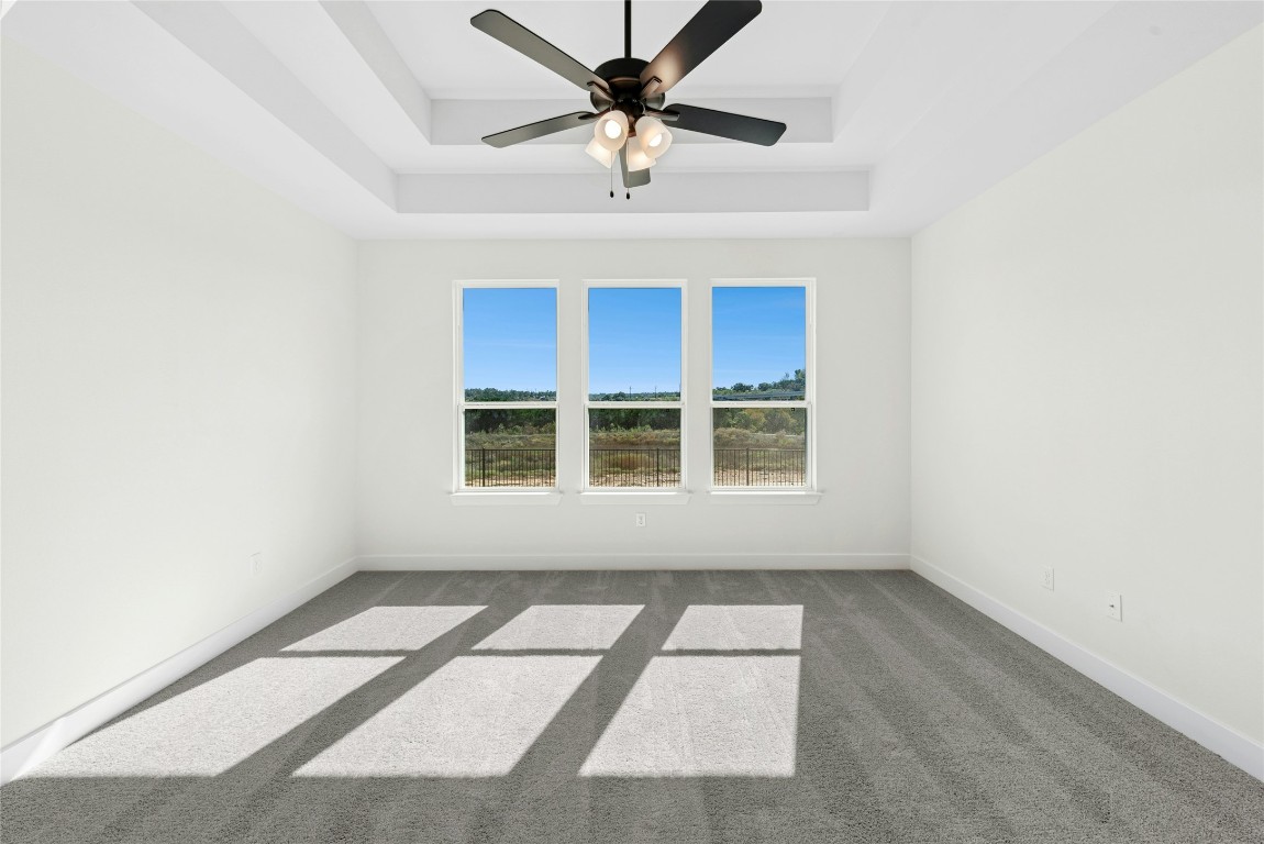 1533 Rodeo Ridge Drive Georgetown, TX 78628 - Photo 11 of 34 Unfurnished room with carpet flooring, a raised ceiling, and a ceiling fan