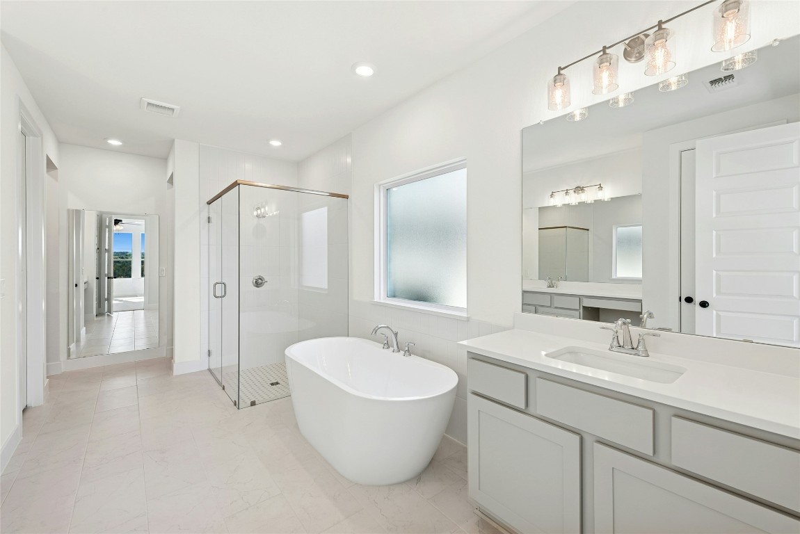 1533 Rodeo Ridge Drive Georgetown, TX 78628 - Photo 15 of 34 Bathroom with vanity, a freestanding tub, a stall shower, and recessed lighting