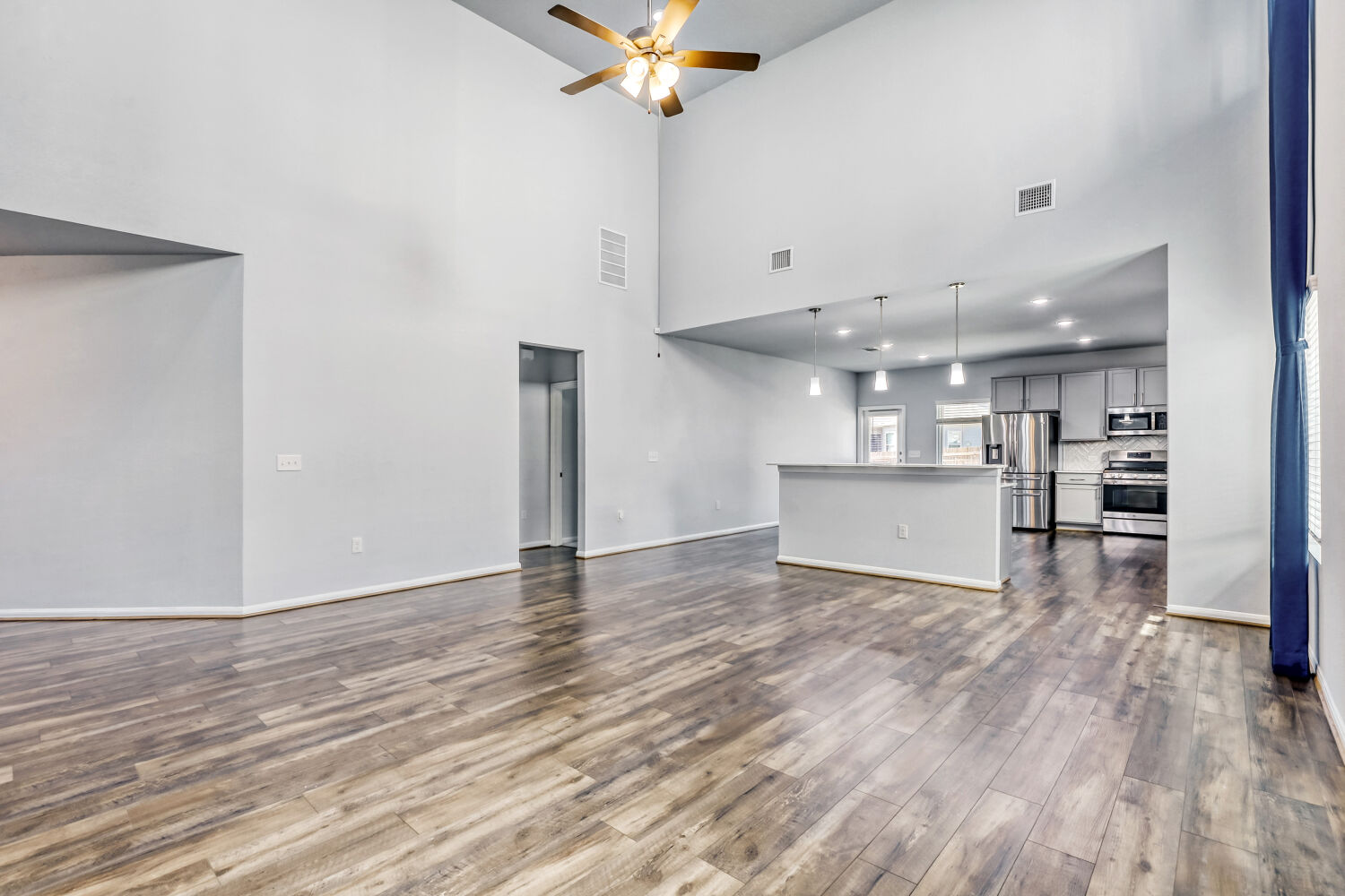 6601 Avila Way Pflugerville, TX 78660 - Photo 5 of 28 Unfurnished living room with ceiling fan, dark wood-style flooring, and a high ceiling